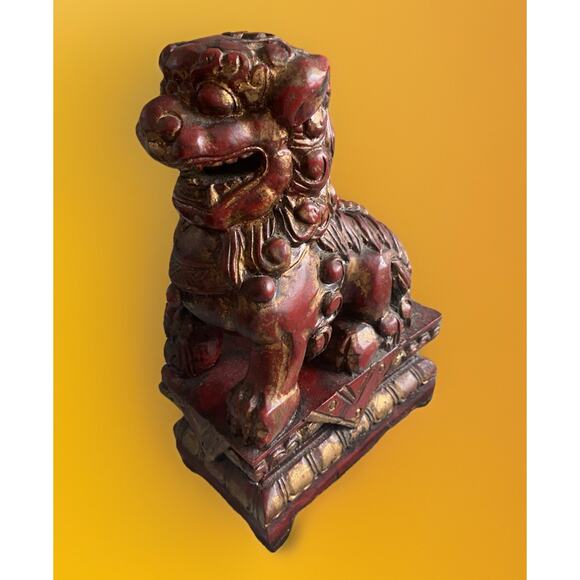 Vintage Mid Century Pair Hand Carved Wood Red Gold Gilt Foo Dogs 10"x6"x4" Asian - Picture 4 of 4